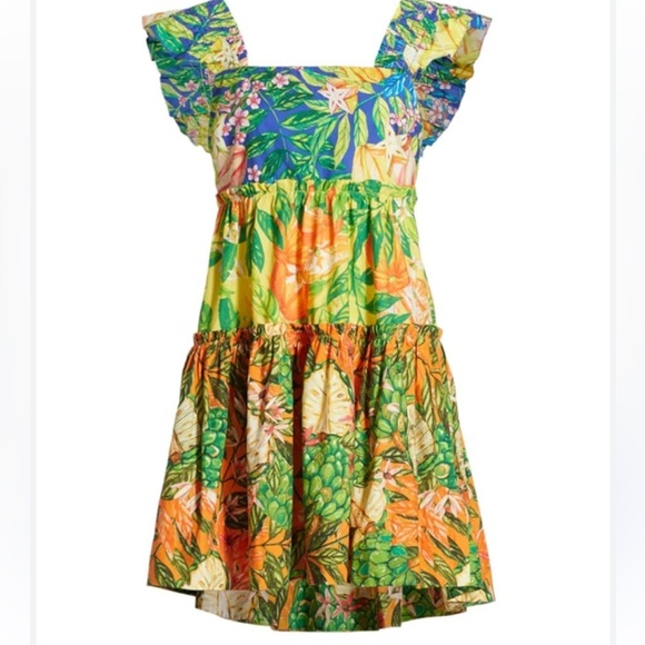 FARM RIO Caipirinha Tiered Printed Ruffle Sleeve Tropical Cotton Mini Dress NWT - Picture 2 of 16